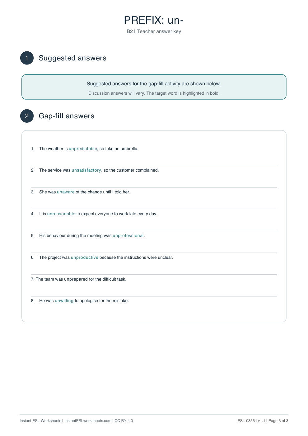 Page 3 of Prefix un- - answer key