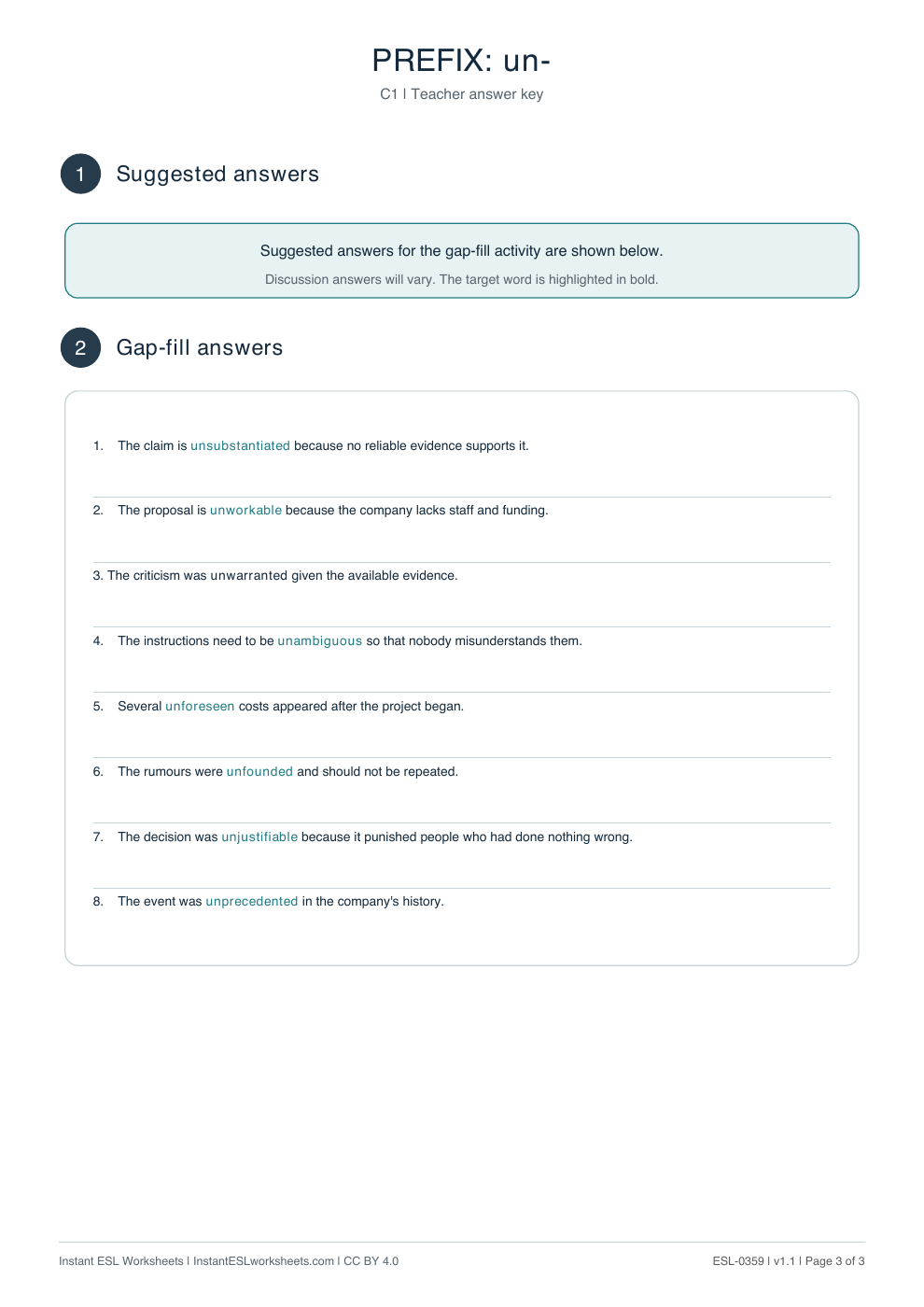 Page 3 of Prefix un- - answer key