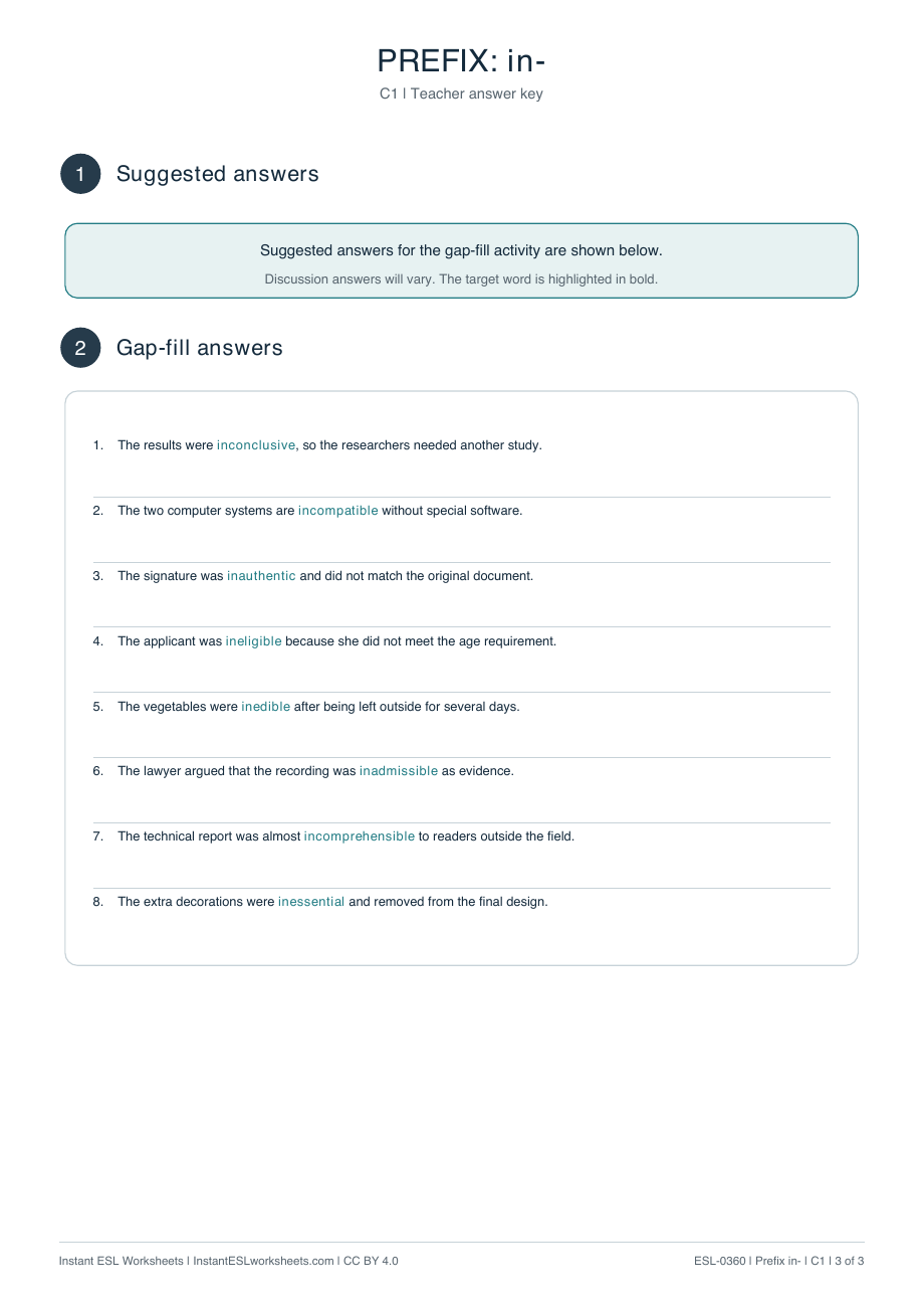 Page 3 of Prefix in- - answer key