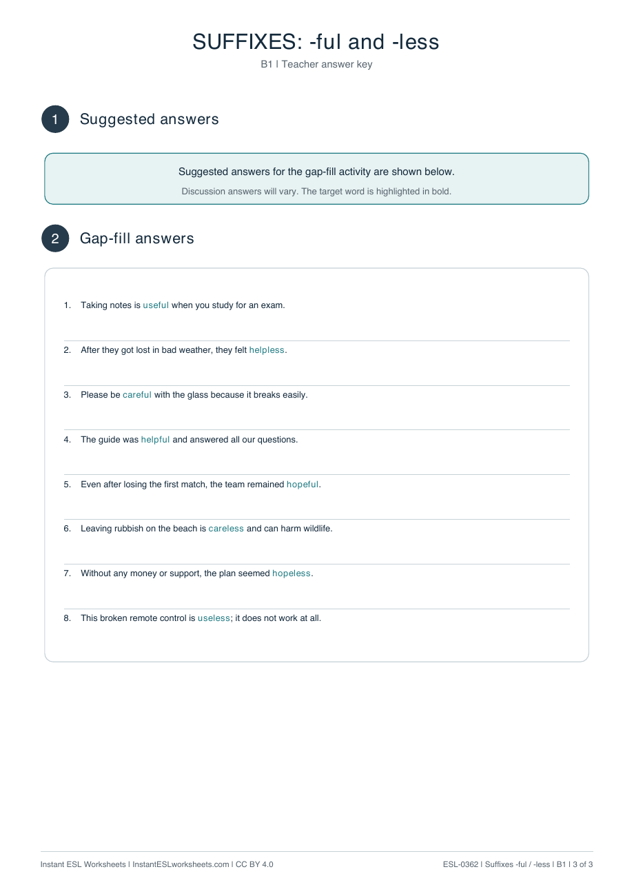 Page 3 of Suffixes: -ful and -less - answer key