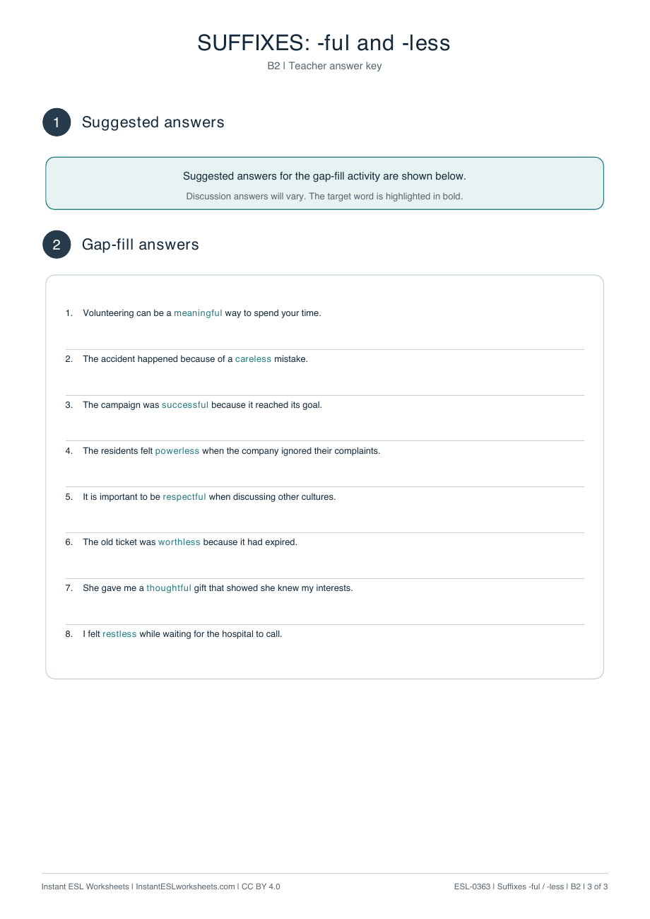 Page 3 of Suffixes: -ful and -less - answer key