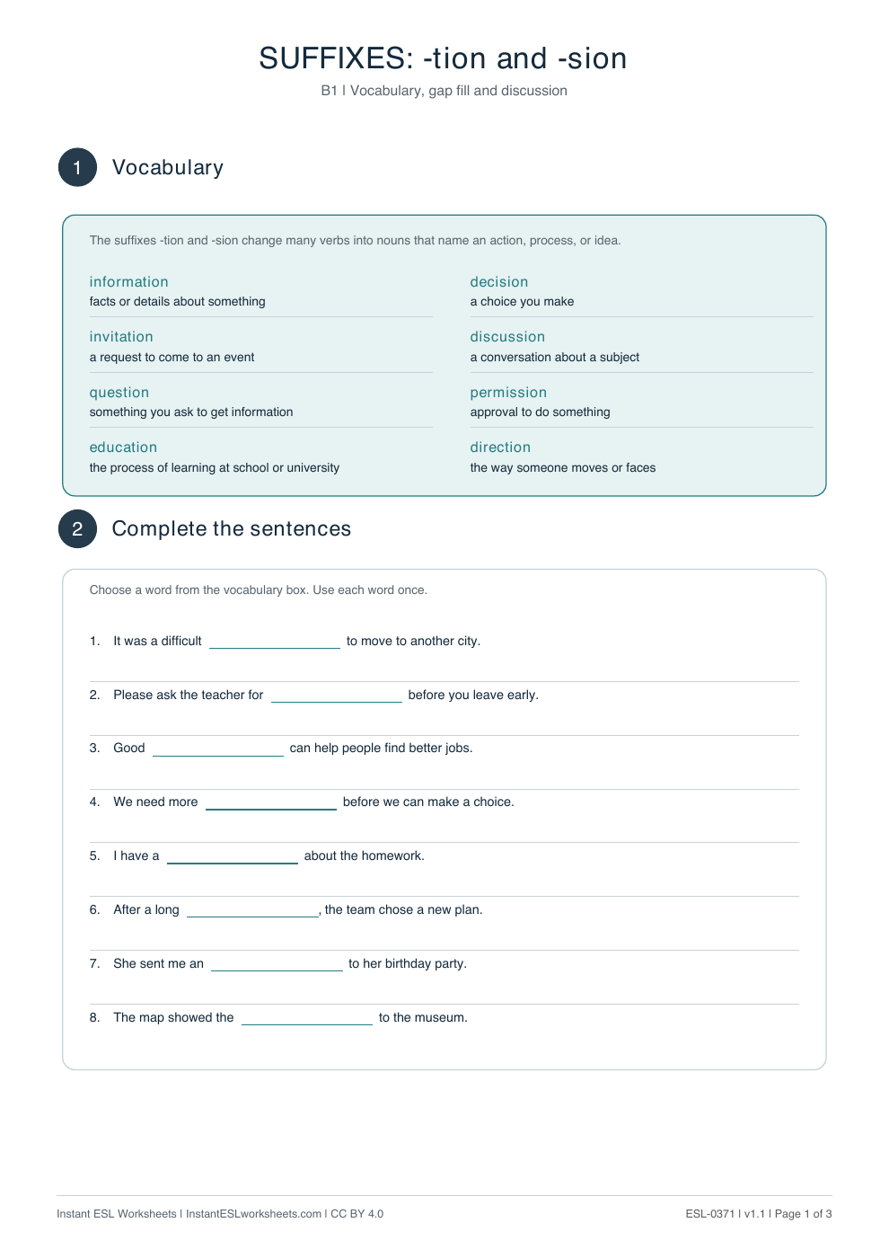 Page 1 of Suffixes: -tion and -sion