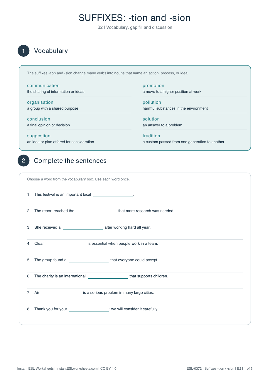 Page 1 of Suffixes: -tion and -sion