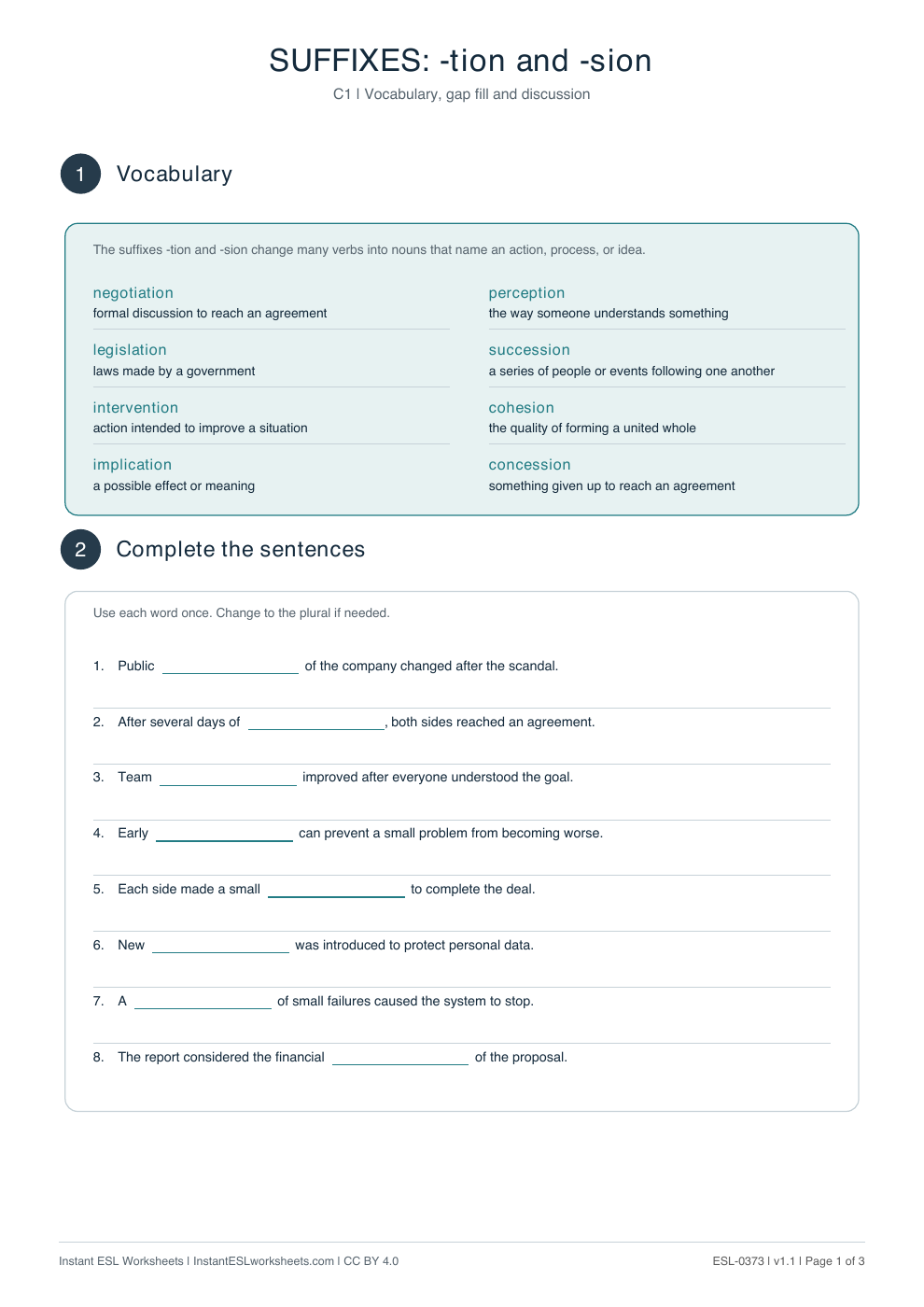 Page 1 of Suffixes: -tion and -sion