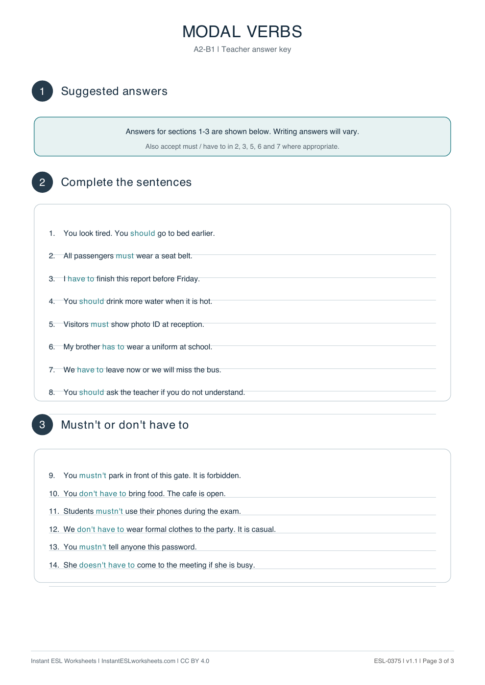 Page 3 of Modal-Verbs-Should-Must-and-Have-To: Practice - answer key