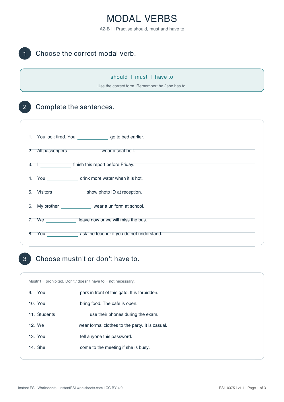 Page 1 of Modal-Verbs-Should-Must-and-Have-To: Practice