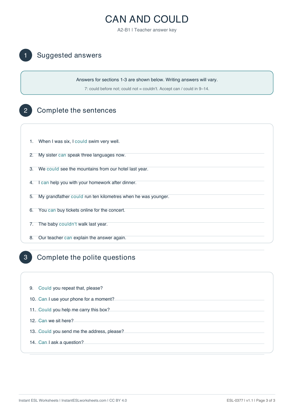 Page 3 of Modal-Verbs-Can-and-Could: Practice - answer key