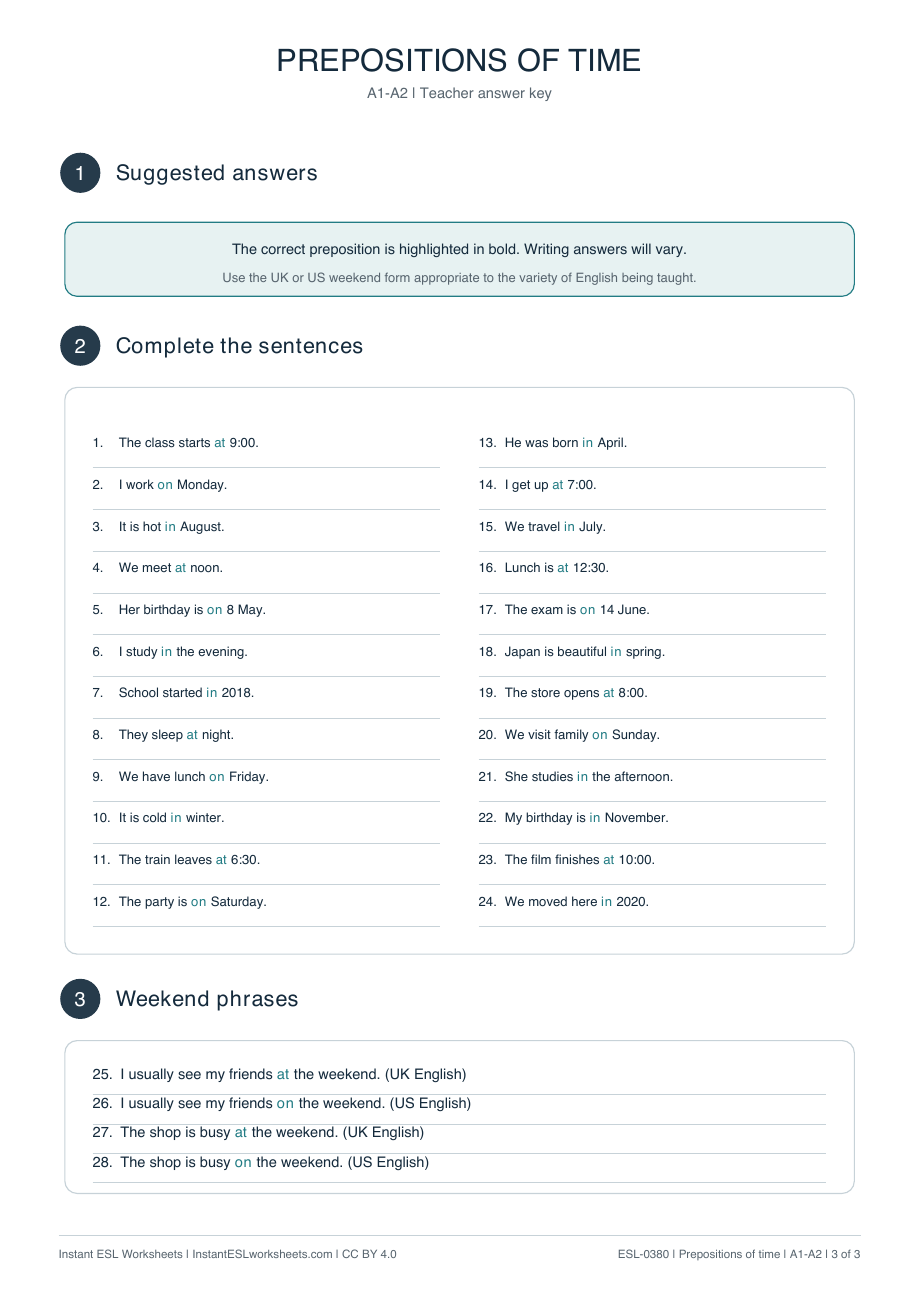 Page 3 of Prepositions-of-Time AT-ON-and-IN: Practice - answer key