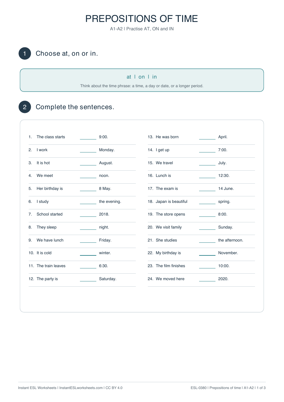 Page 1 of Prepositions-of-Time AT-ON-and-IN: Practice
