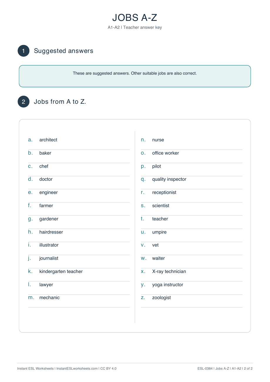 Page 2 of Jobs A–Z - answer key