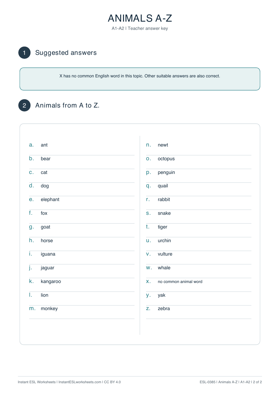 Page 2 of Animals-A–Z - answer key
