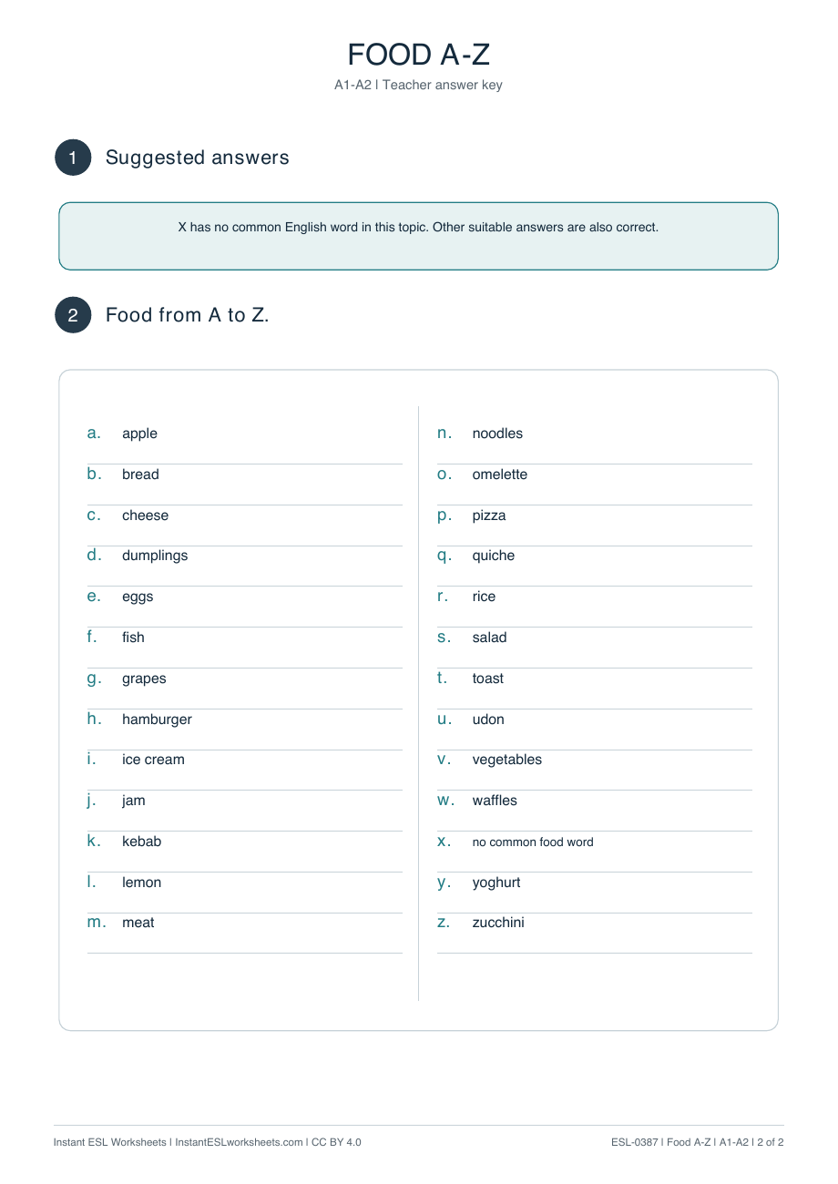 Page 2 of Food-A–Z - answer key
