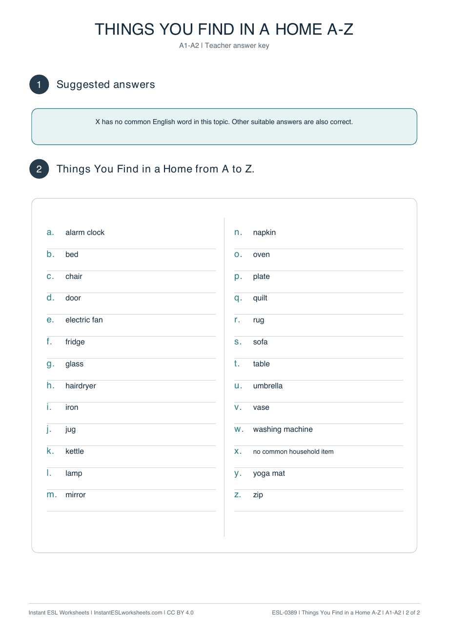 Page 2 of Things-in-a-Home-A–Z - answer key