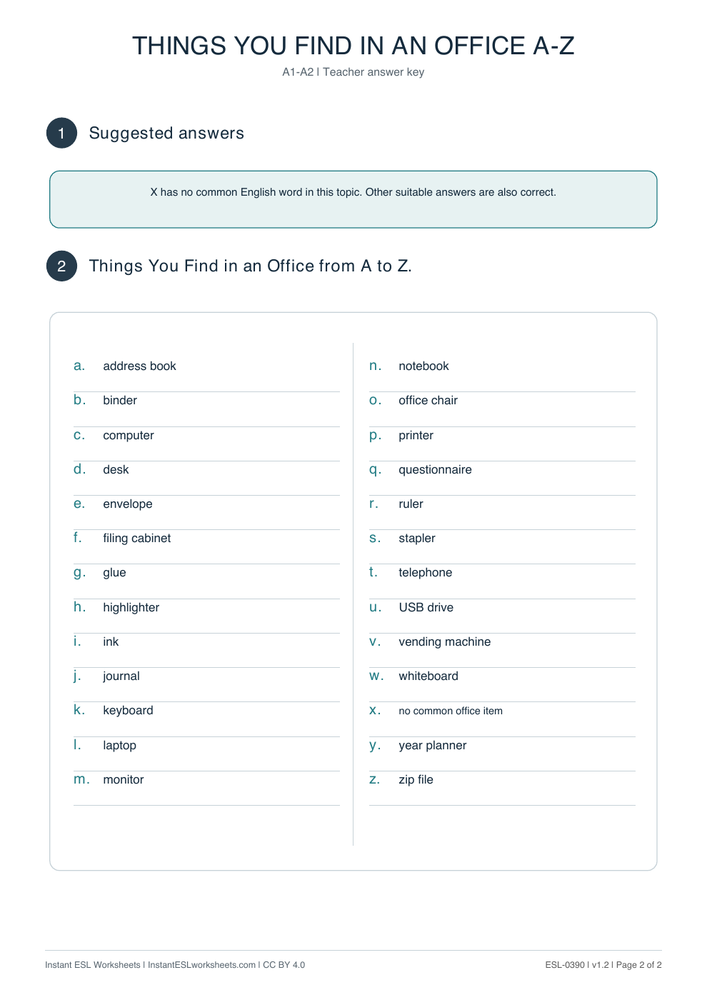 Page 2 of Things-in-an-Office-A–Z - answer key