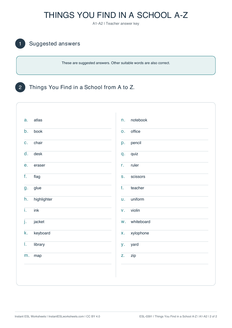 Page 2 of Things-in-a-School-A–Z - answer key