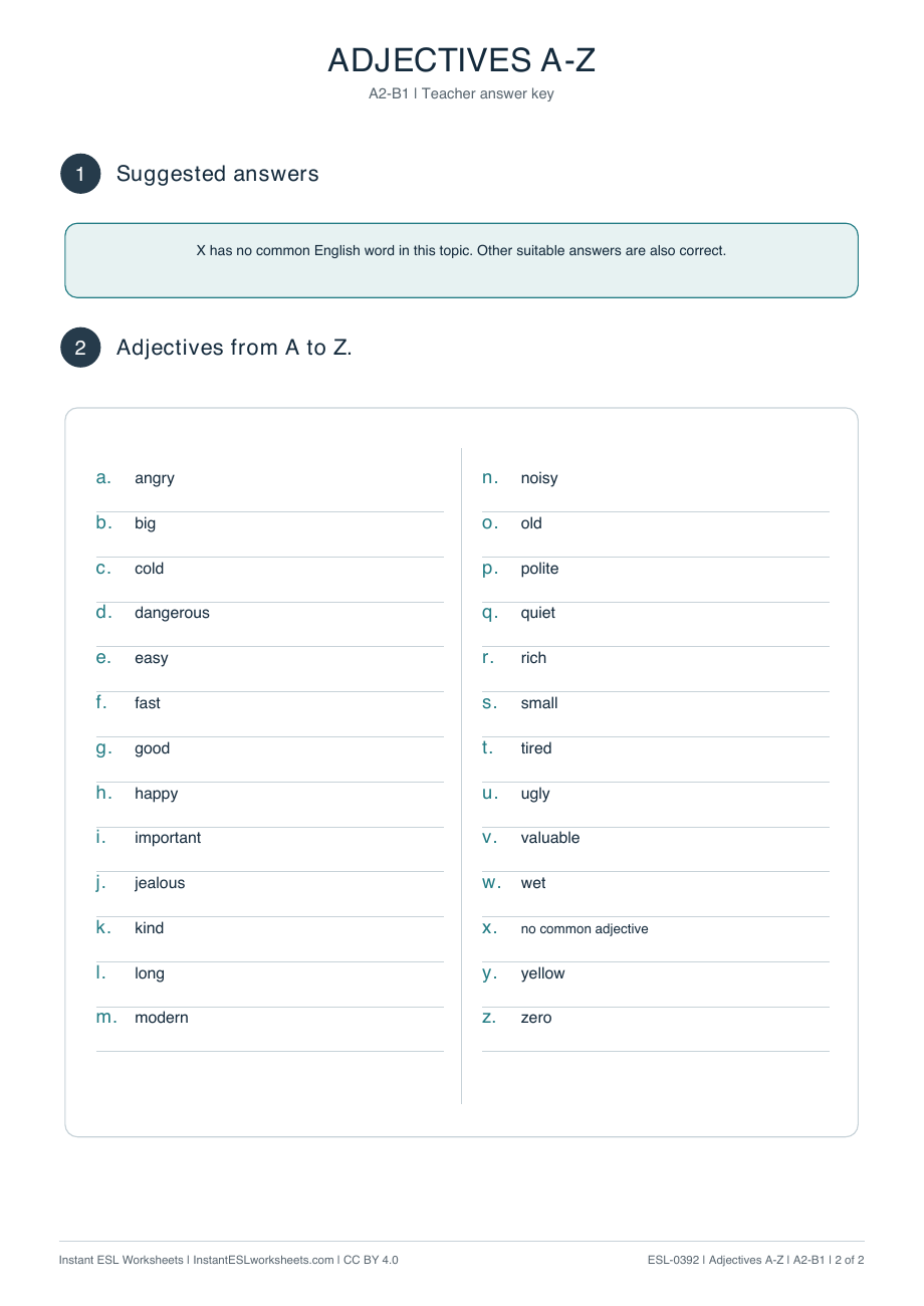 Page 2 of Adjectives-A–Z - answer key