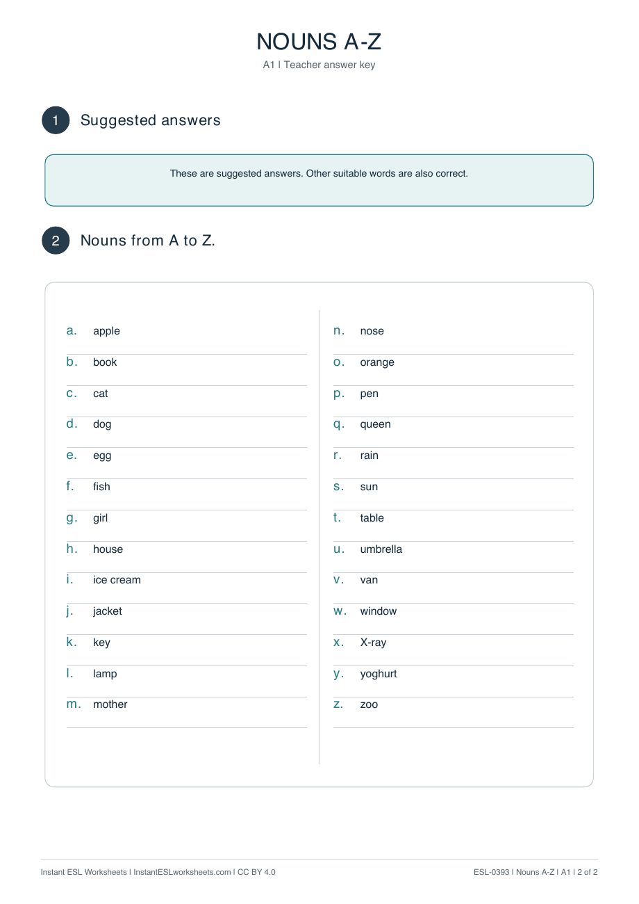 Page 2 of Nouns-A–Z - answer key