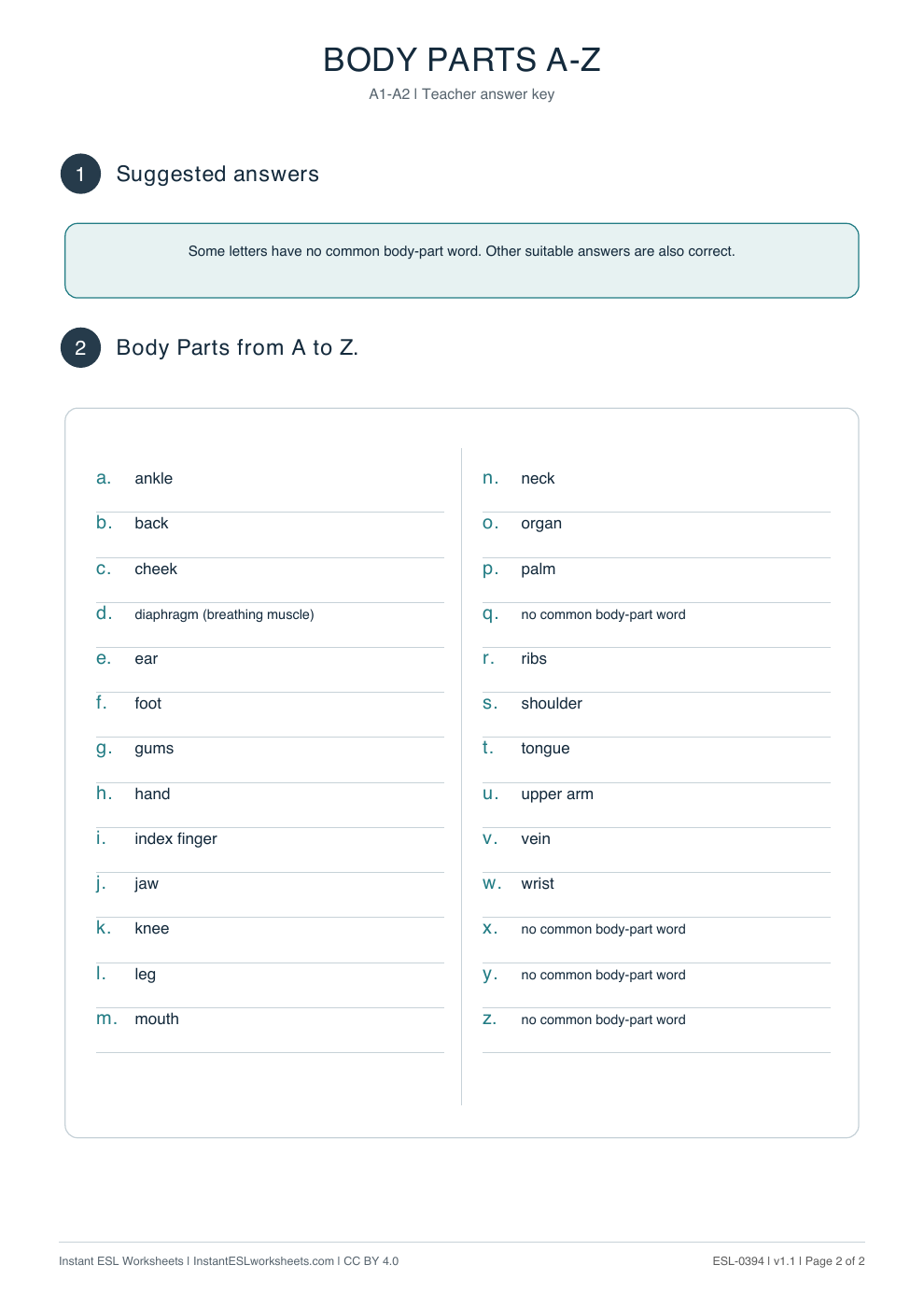 Page 2 of Body-Parts-A–Z - answer key
