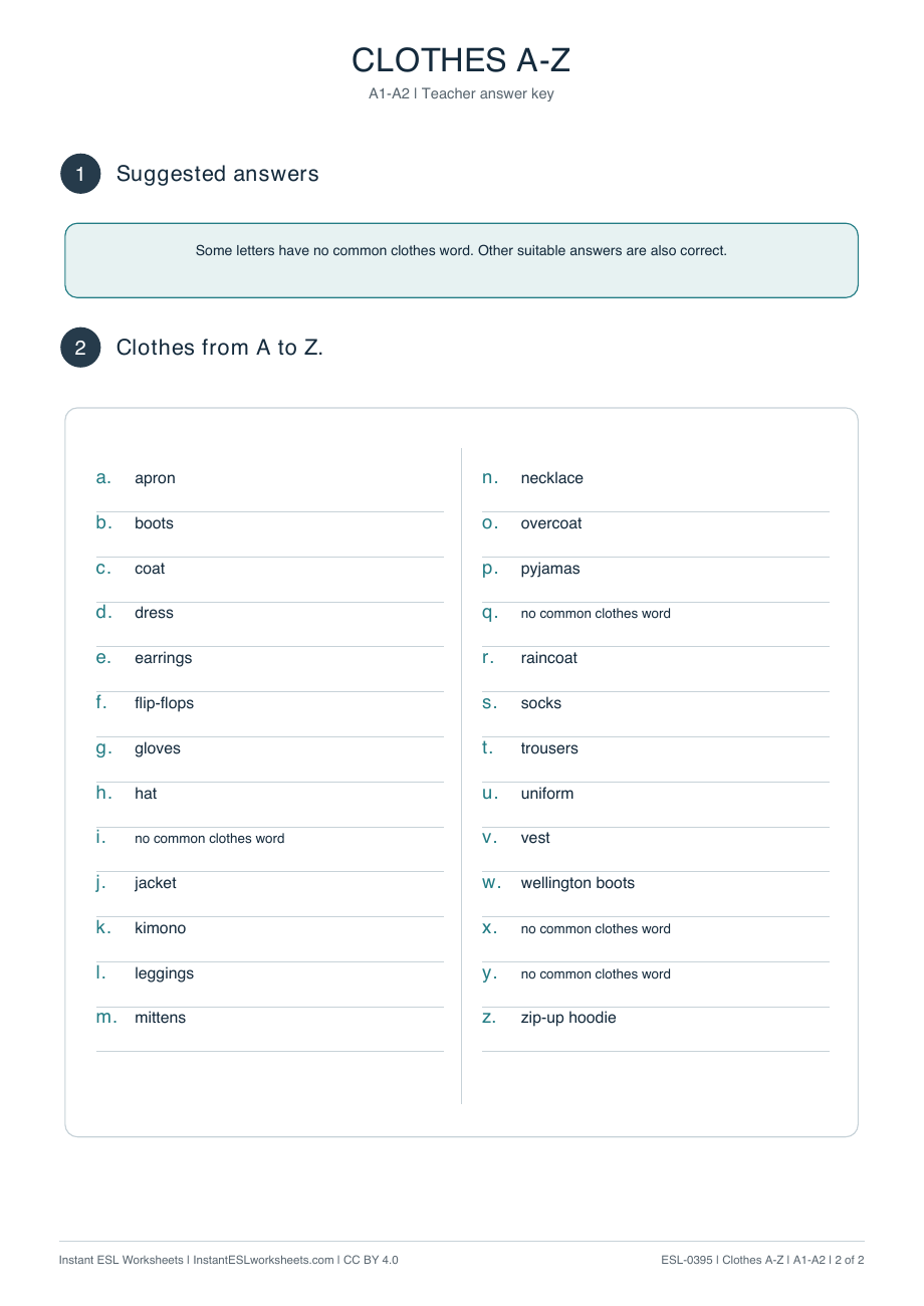 Page 2 of Clothes-A–Z - answer key