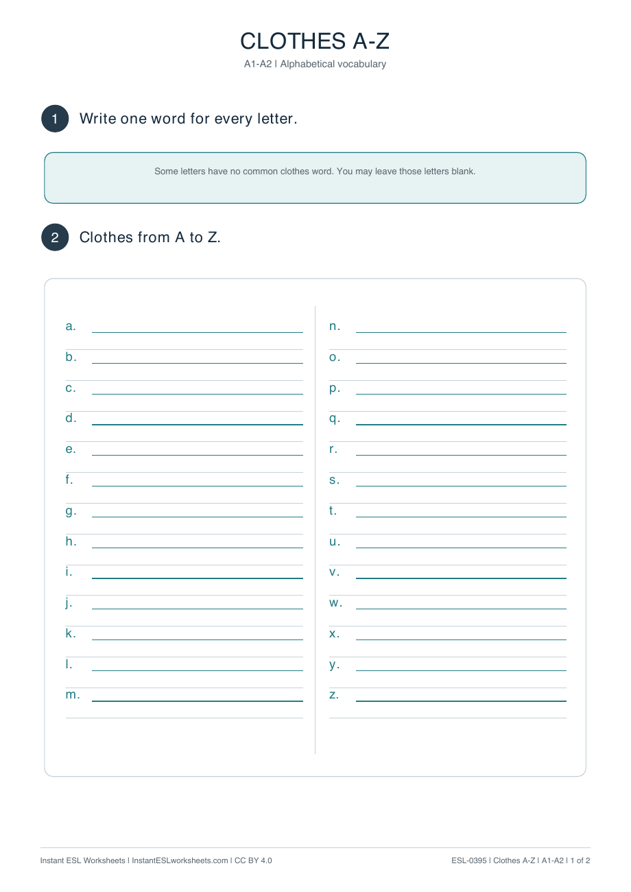 Page 1 of Clothes-A–Z
