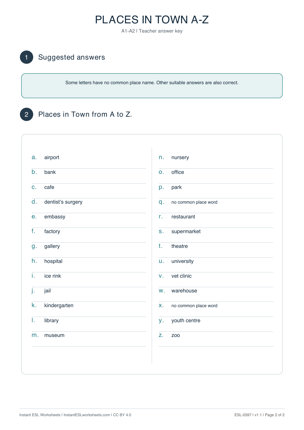 Page 2 of Places-in-Town-A–Z - answer key