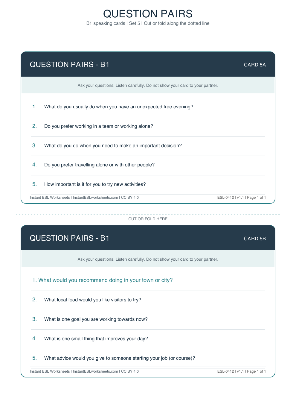Page 1 of Question Pairs - B1 - Set 5