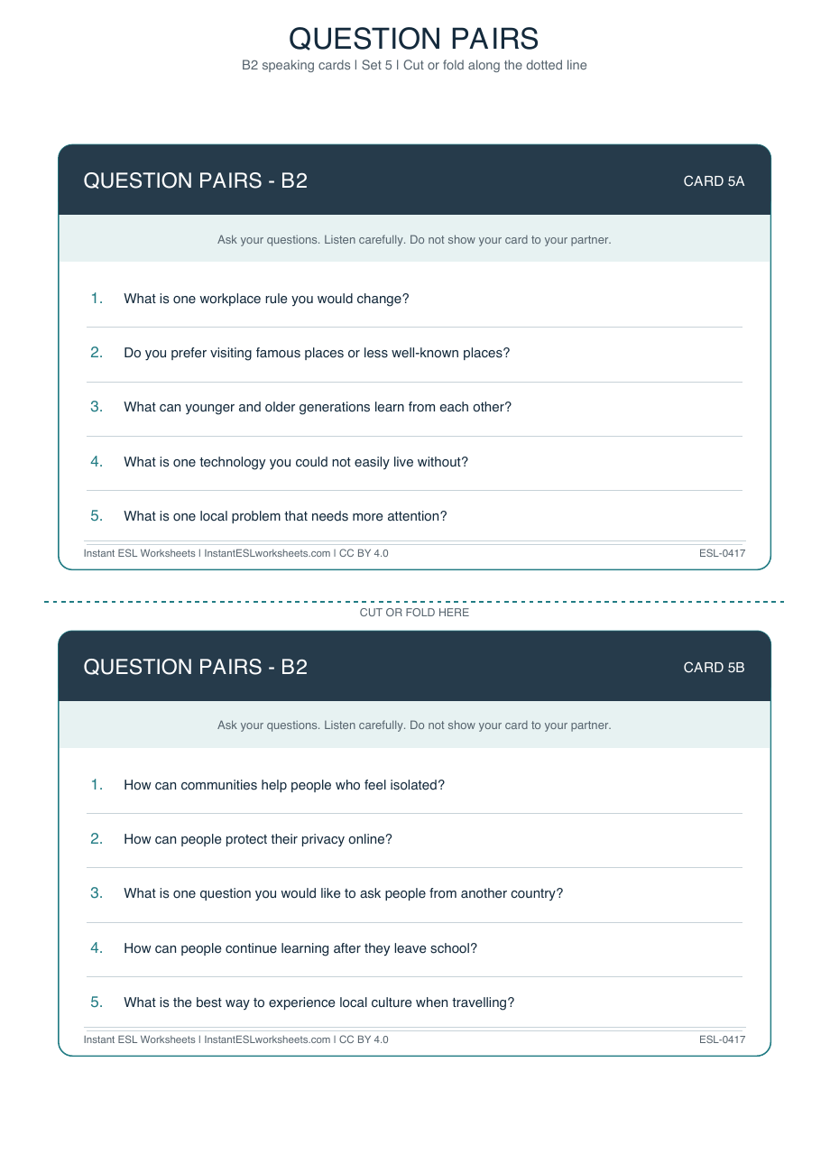 Page 1 of Question Pairs - B2 - Set 5