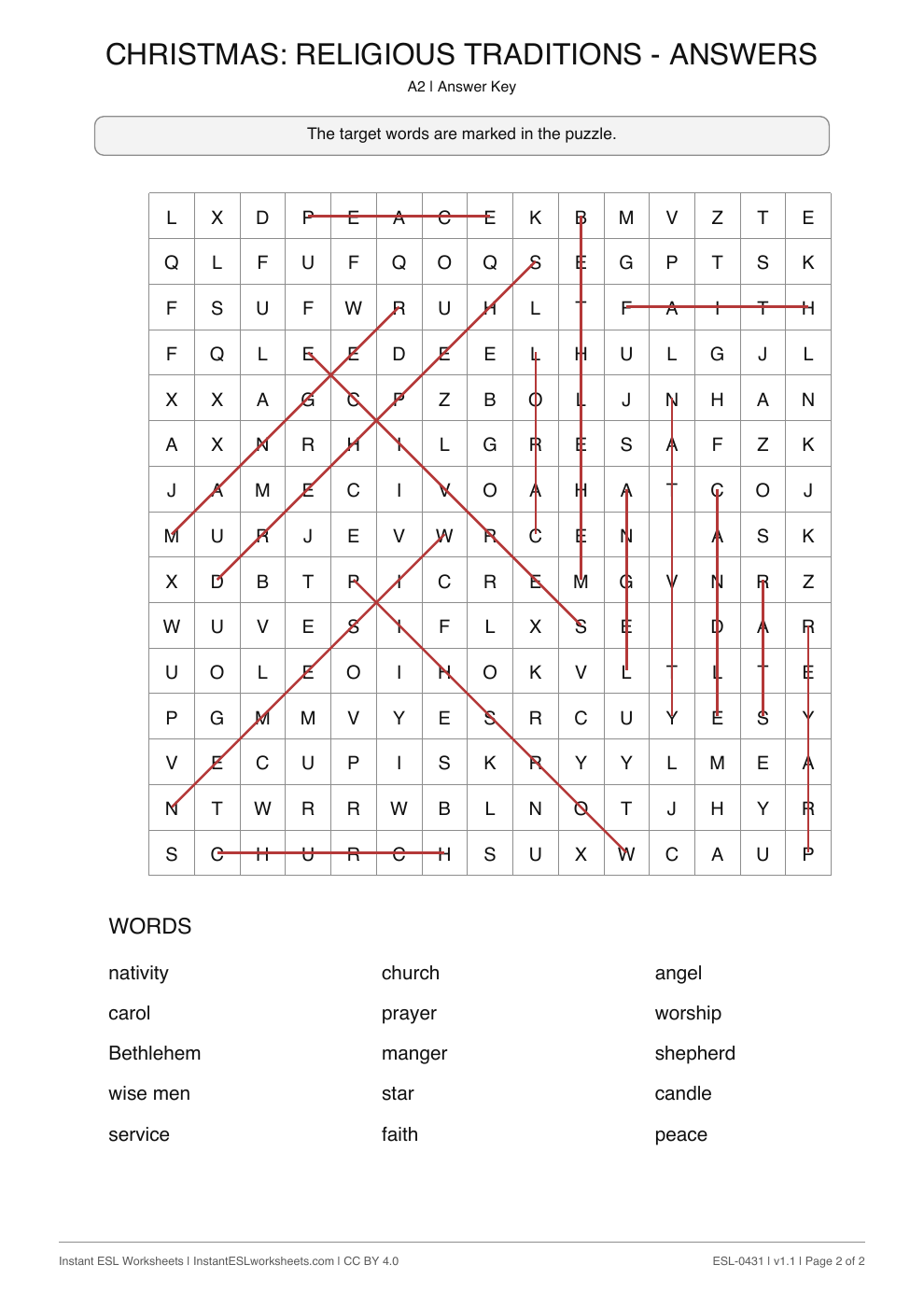 Page 2 of Christmas: Religious Traditions - Word Search - answer key