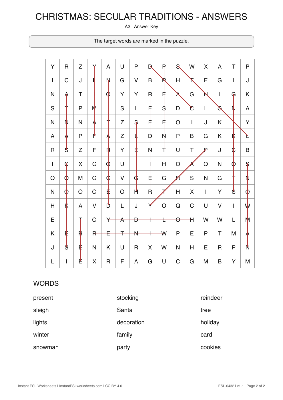 Page 2 of Christmas: Secular Traditions - Word Search - answer key