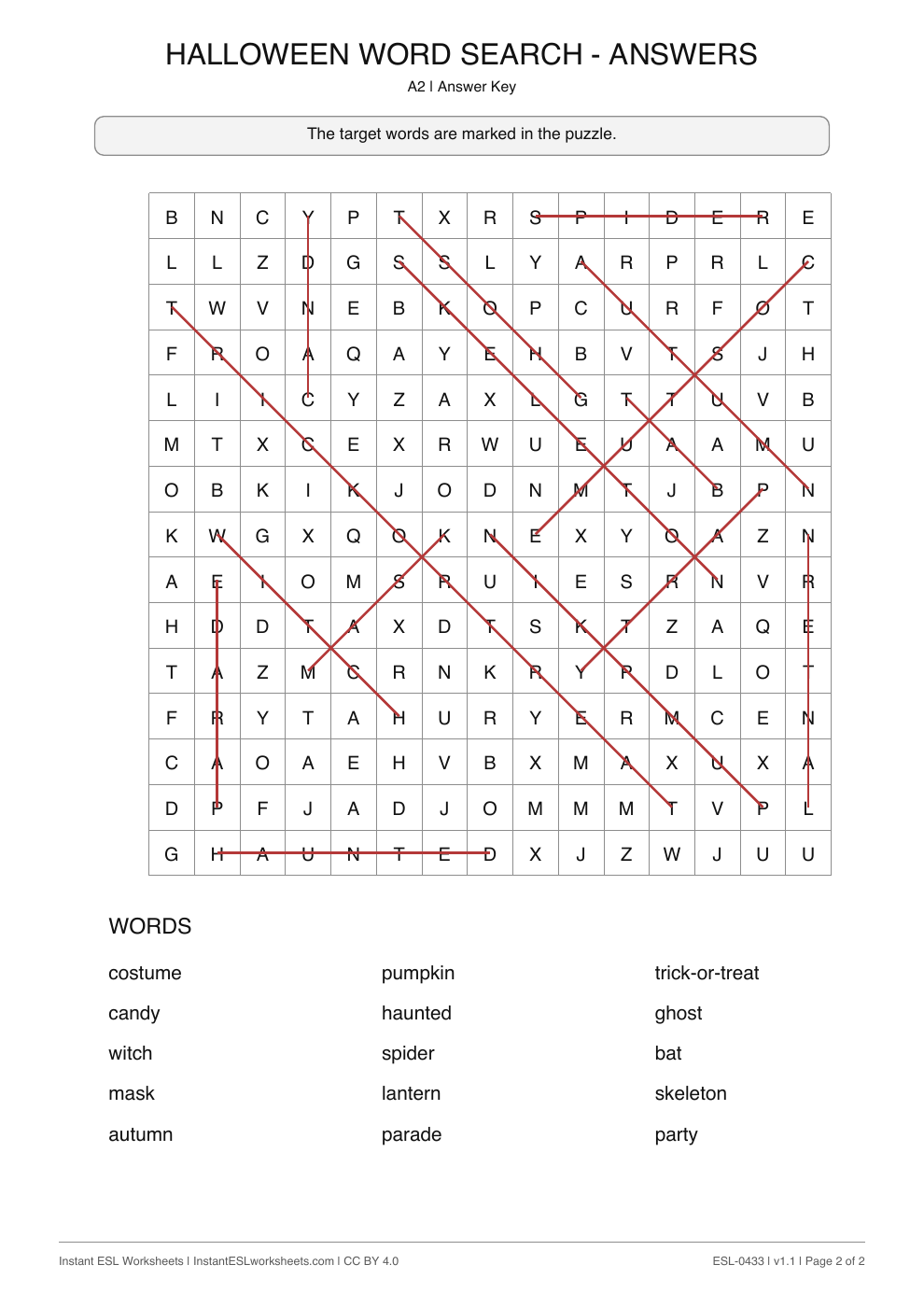 Page 2 of Halloween - Word Search - answer key