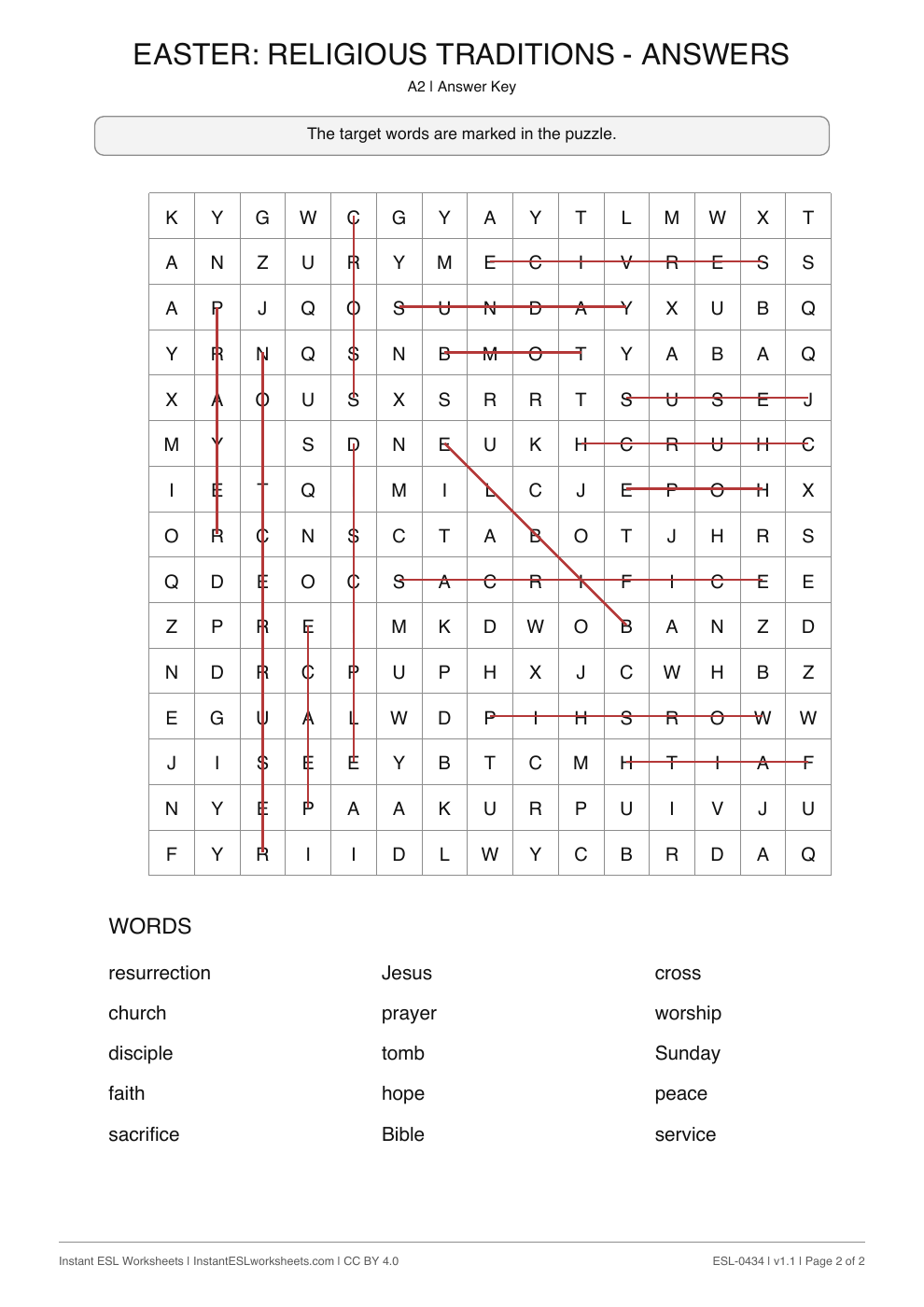 Page 2 of Easter: Religious Traditions - Word Search - answer key