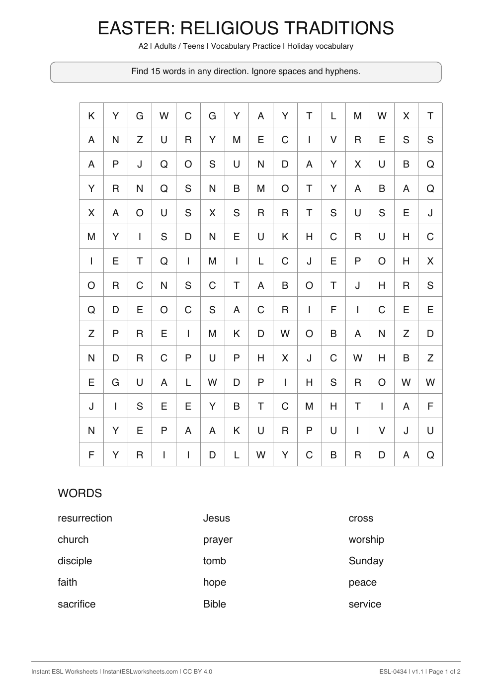Page 1 of Easter: Religious Traditions - Word Search