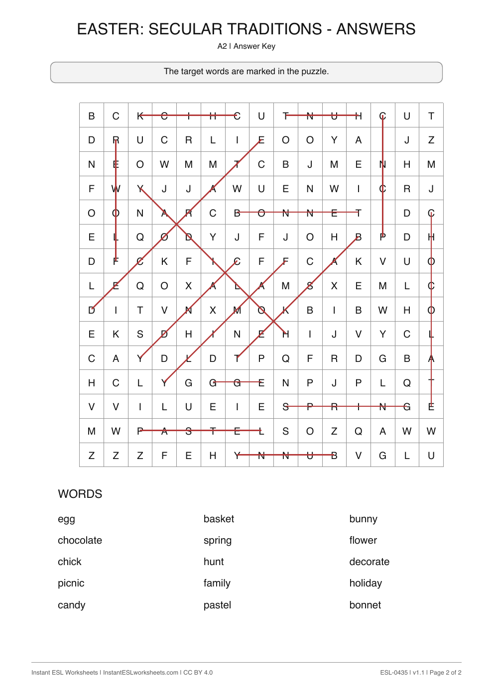 Page 2 of Easter: Secular Traditions - Word Search - answer key