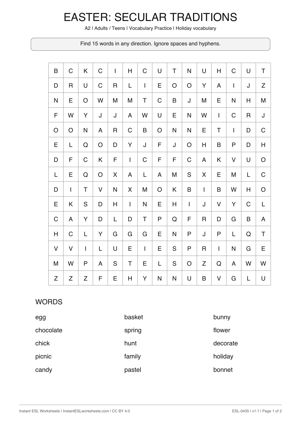 Page 1 of Easter: Secular Traditions - Word Search
