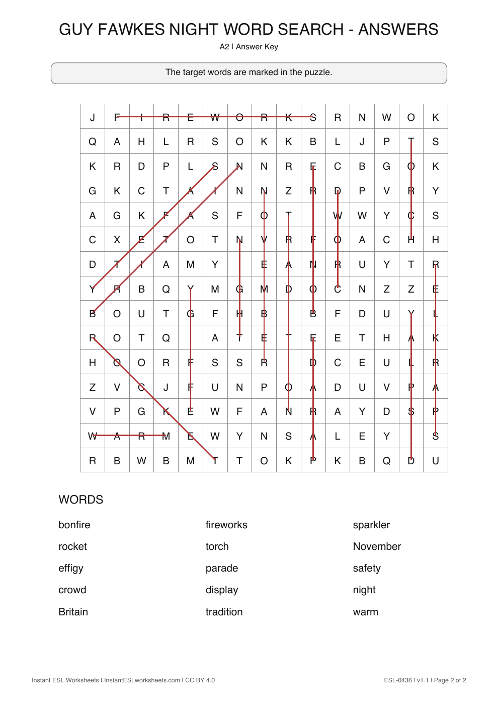 Page 2 of Guy Fawkes Night - Word Search - answer key