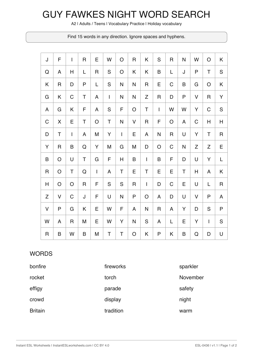 Page 1 of Guy Fawkes Night - Word Search