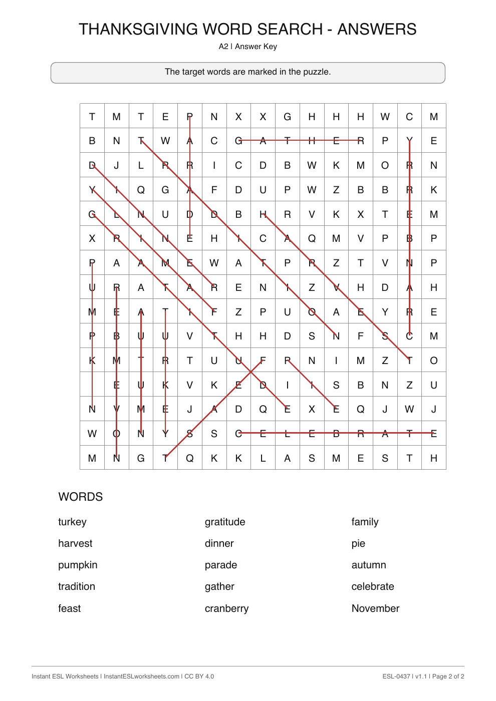 Page 2 of Thanksgiving - Word Search - answer key