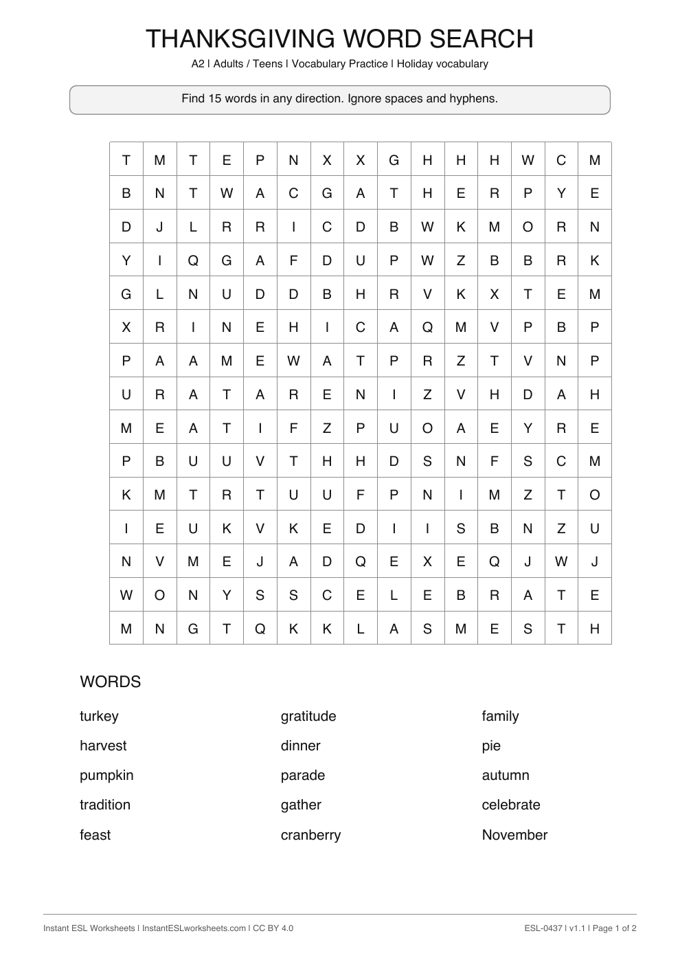 Page 1 of Thanksgiving - Word Search
