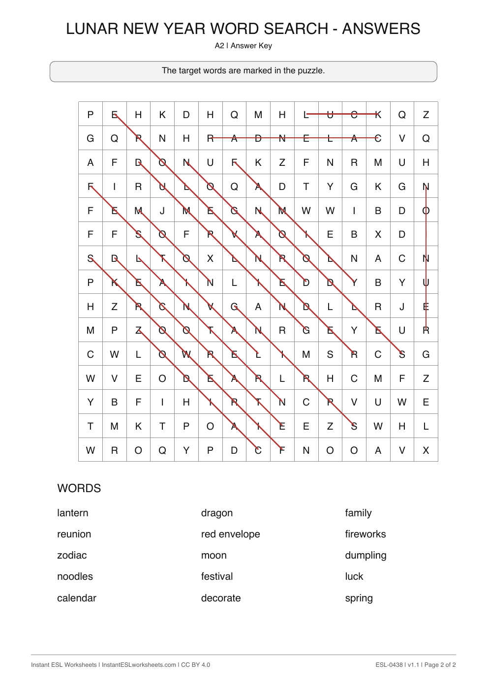 Page 2 of Lunar New Year - Word Search - answer key