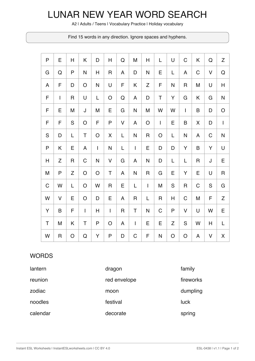 Page 1 of Lunar New Year - Word Search