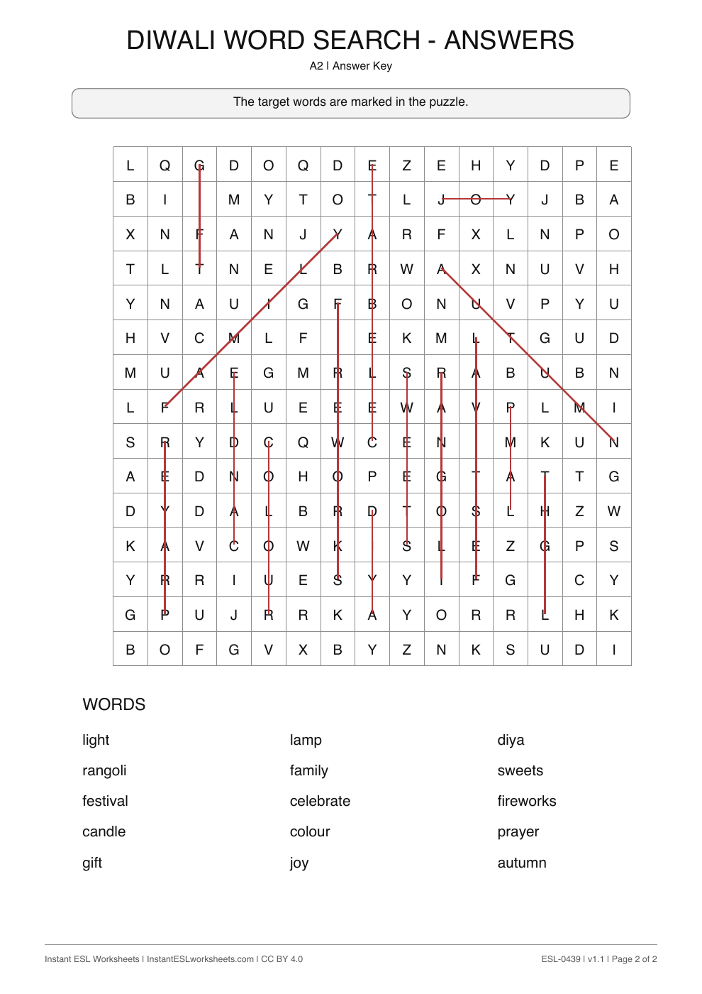 Page 2 of Diwali - Word Search - answer key