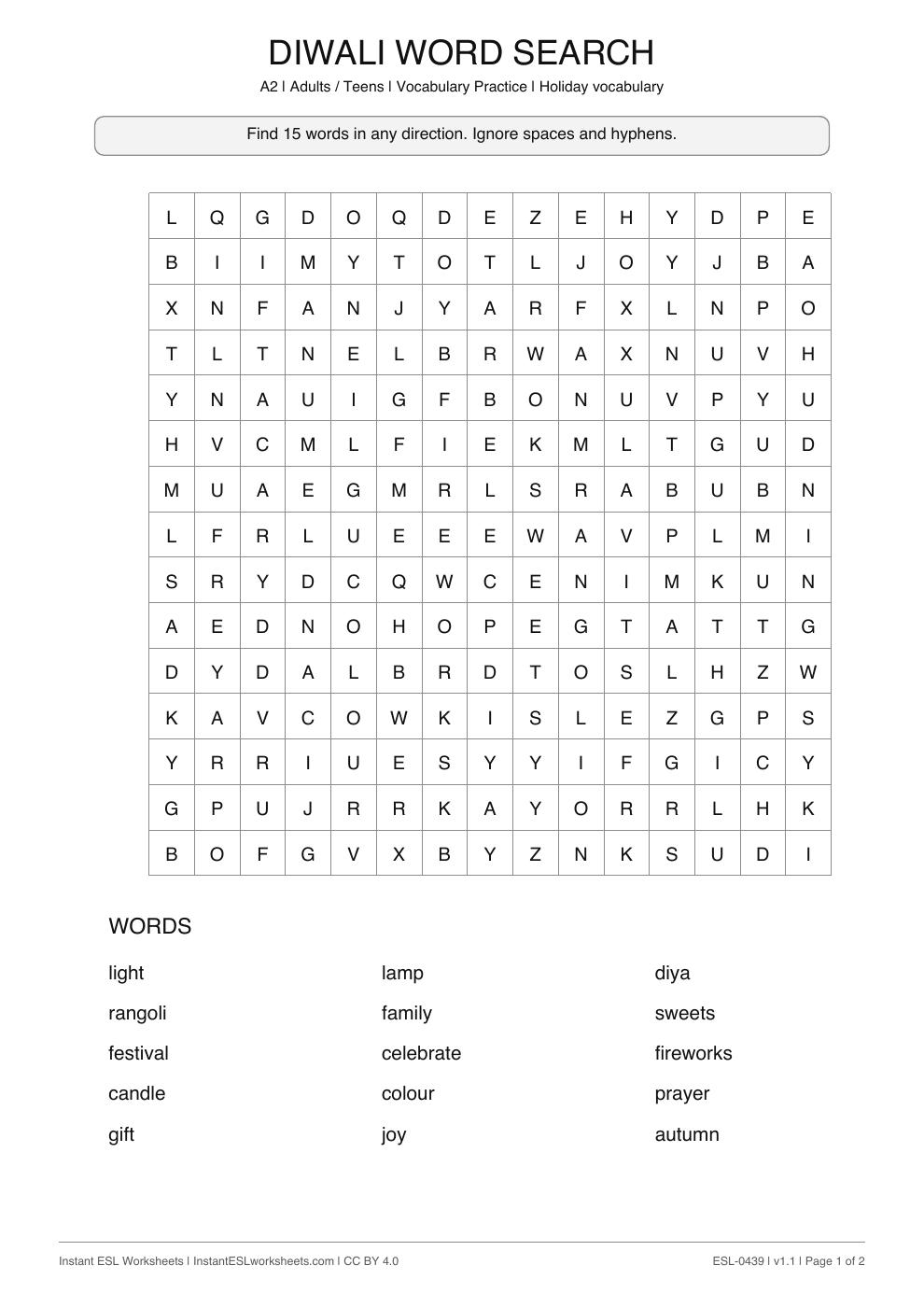Page 1 of Diwali - Word Search