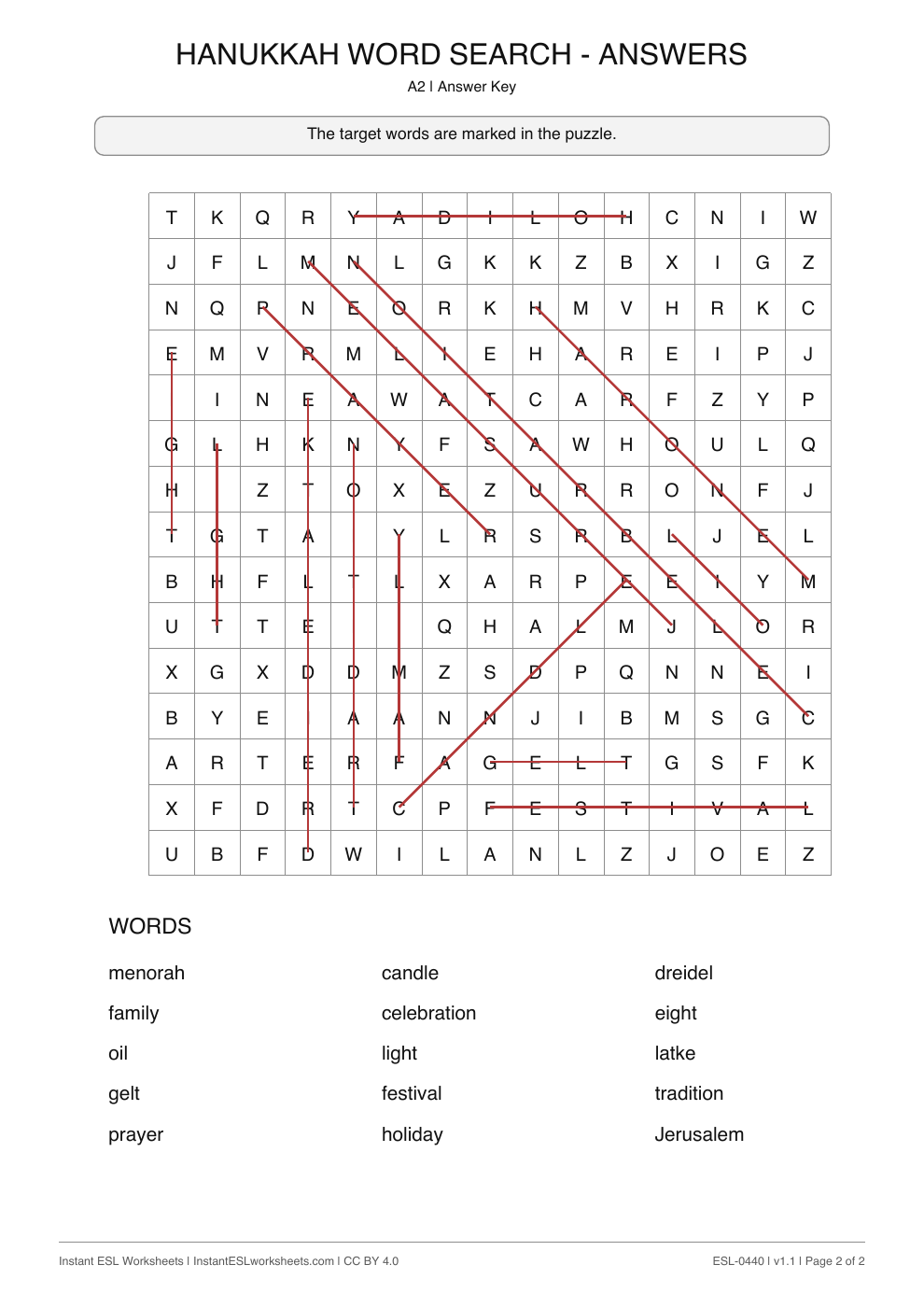 Page 2 of Hanukkah - Word Search - answer key