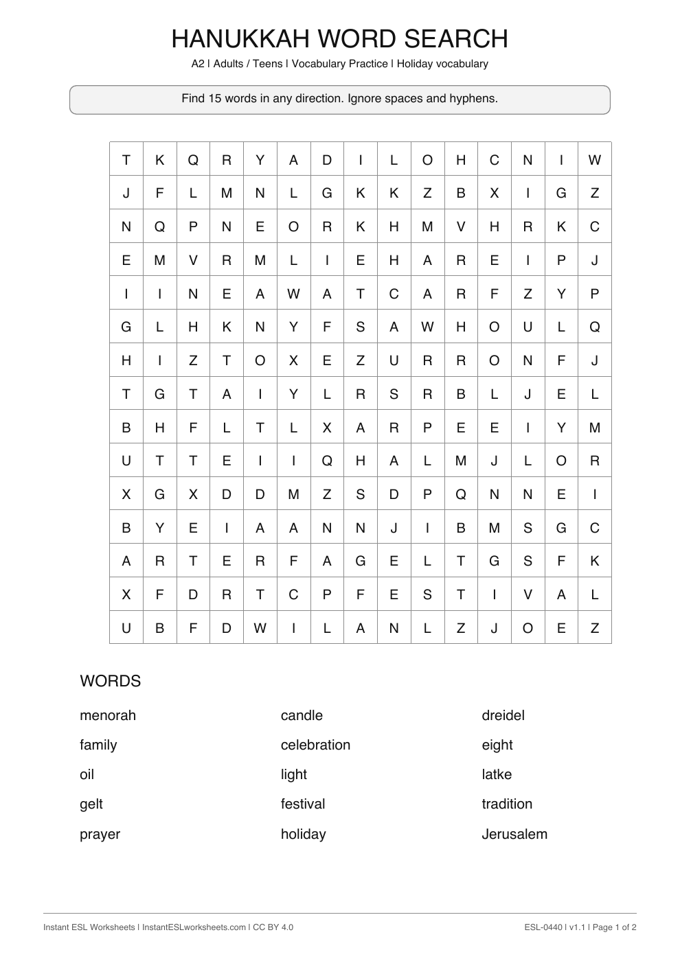 Page 1 of Hanukkah - Word Search