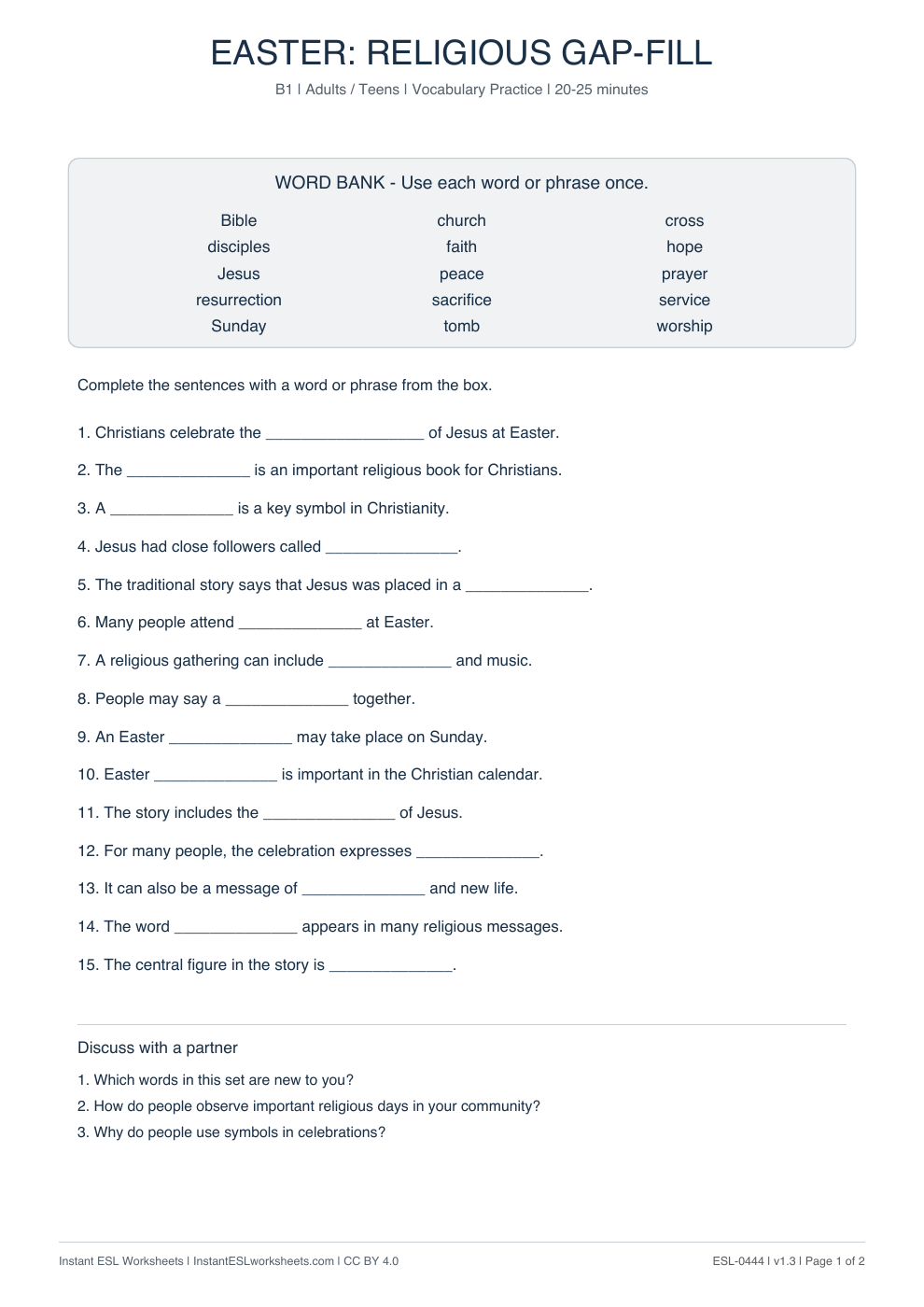 Page 1 of Easter: Religious - Vocabulary Gap Fill