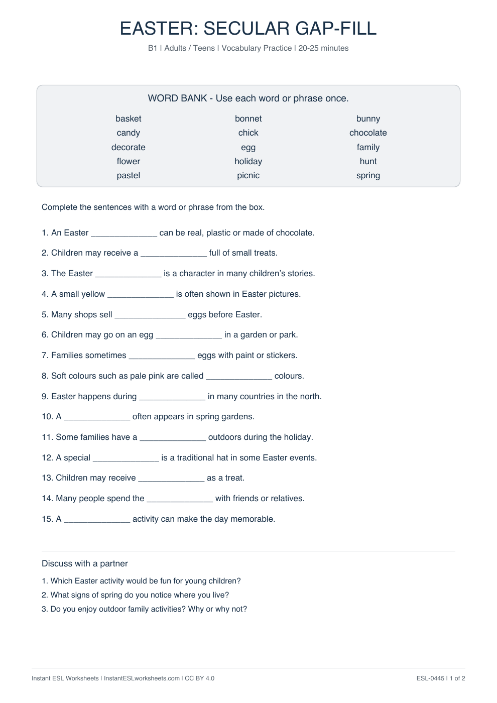 Page 1 of Easter: Secular - Vocabulary Gap Fill