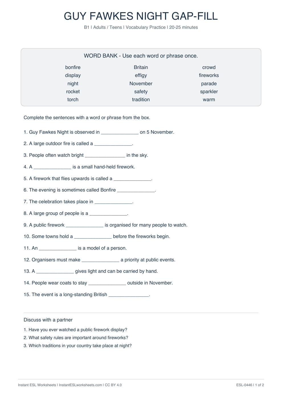 Page 1 of Guy Fawkes Night - Vocabulary Gap Fill