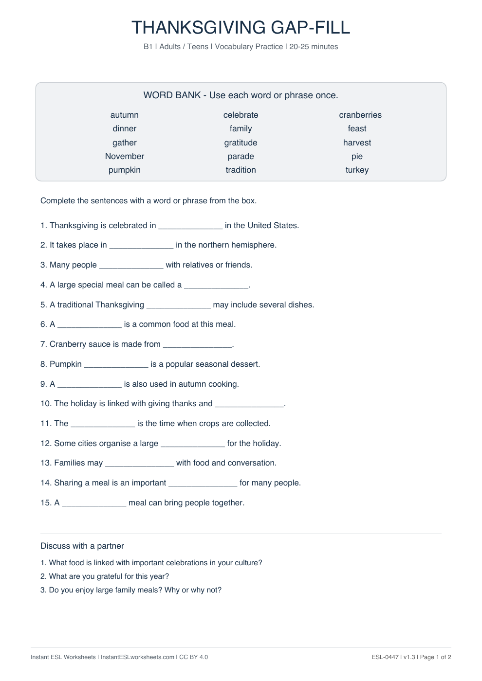 Page 1 of Thanksgiving - Vocabulary Gap Fill