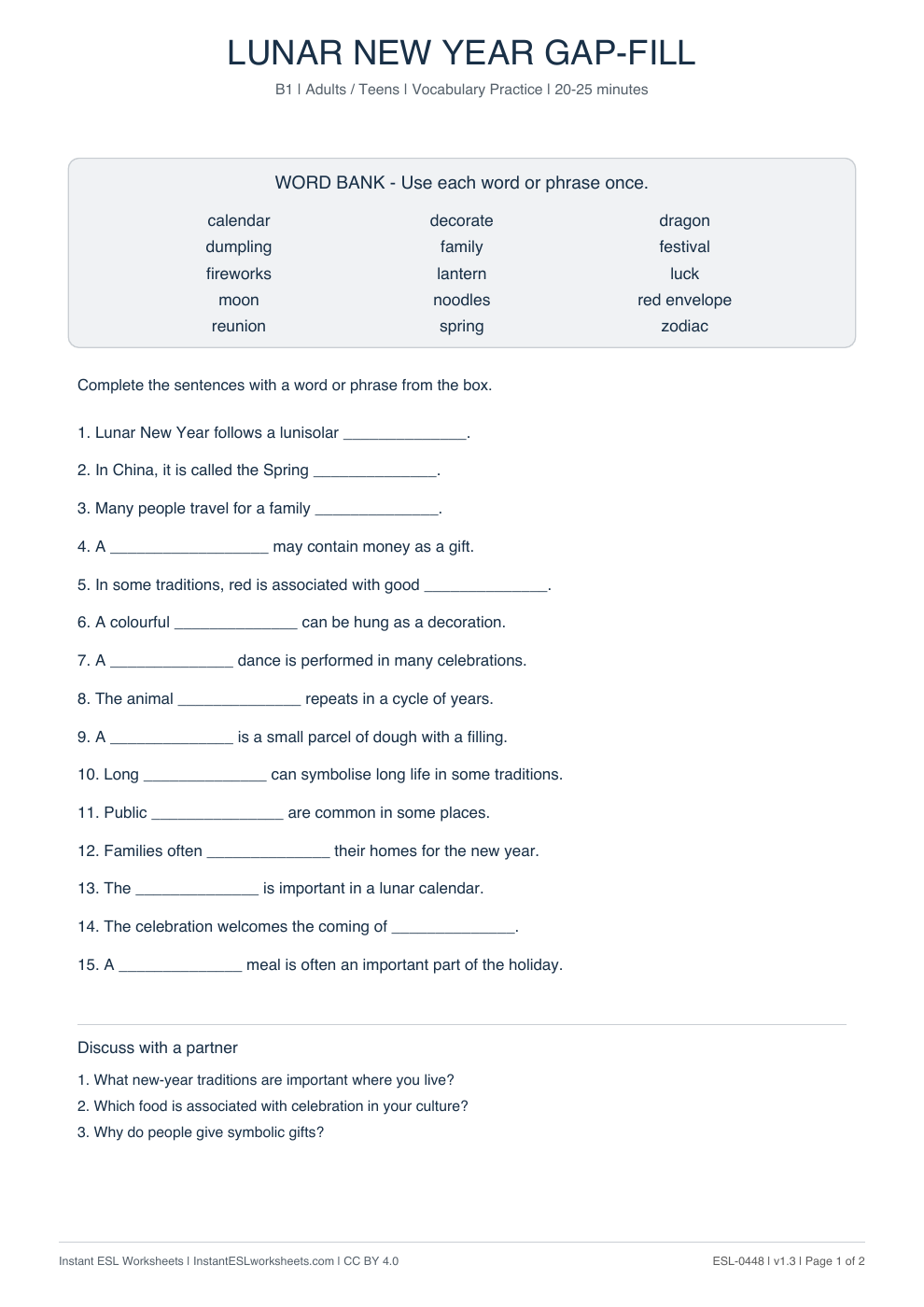 Page 1 of Lunar New Year - Vocabulary Gap Fill