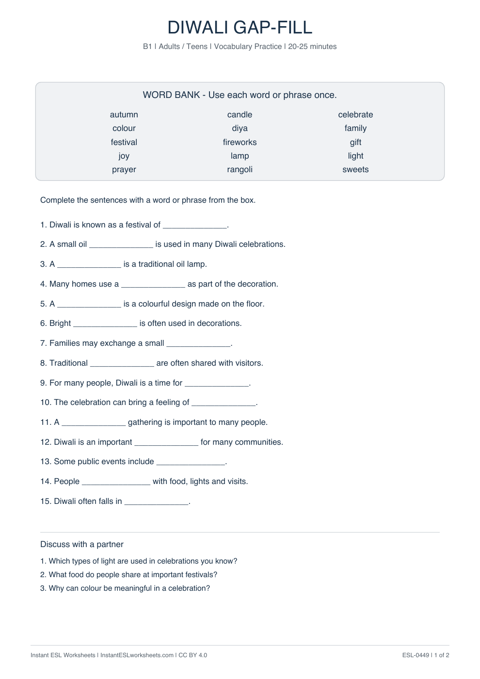 Page 1 of Diwali - Vocabulary Gap Fill